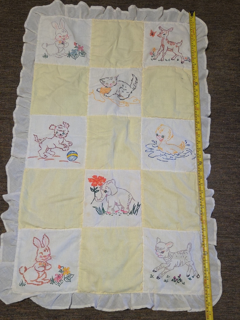 Vintage Yellow & White Embroidered Baby Quilt - Animal Patchwork